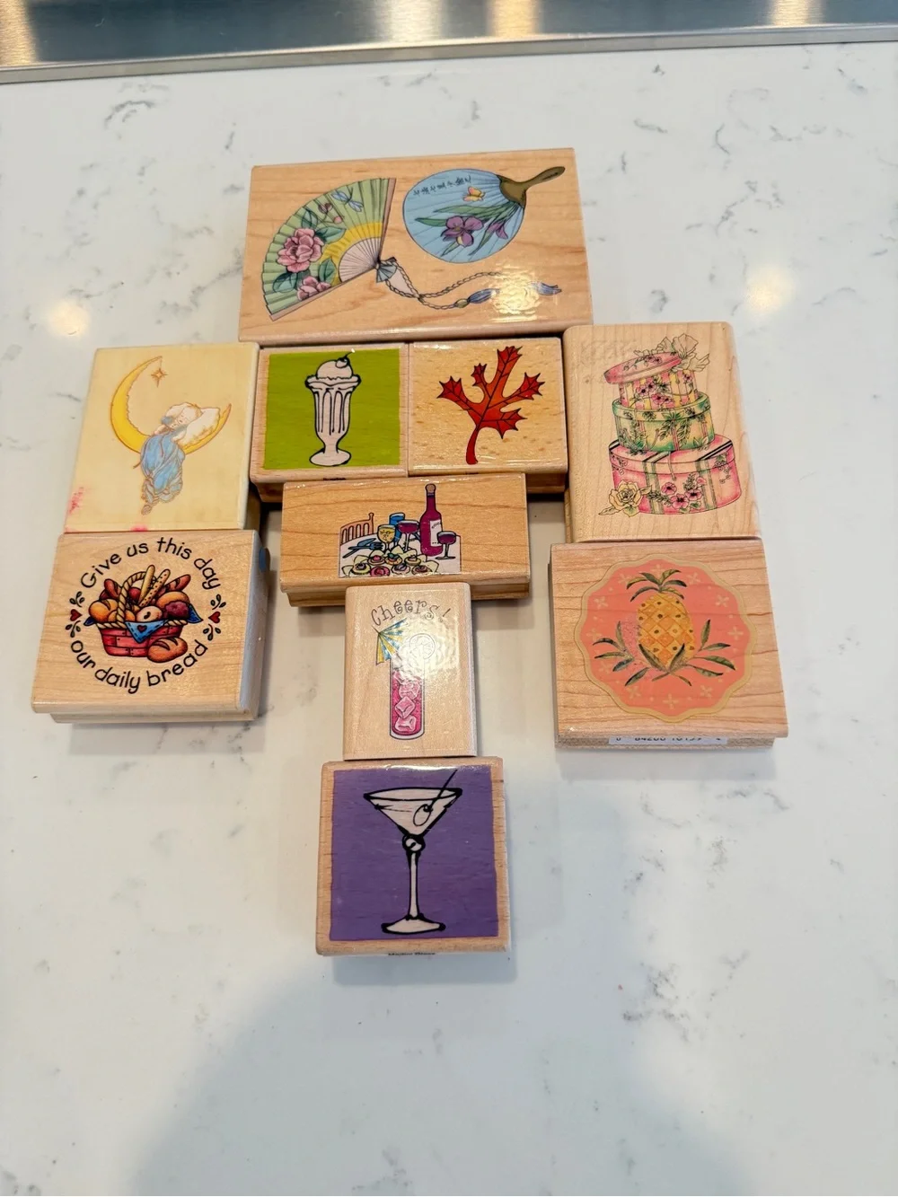 Vintage Wood Mounted Rubber Stamp Lot of 10 Food Drink Floral Craft Stamps